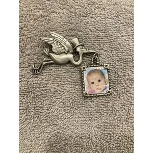 Vintage Stork Baby Photo Brooch Mid Century Baby Announcement Pin Silver Tone